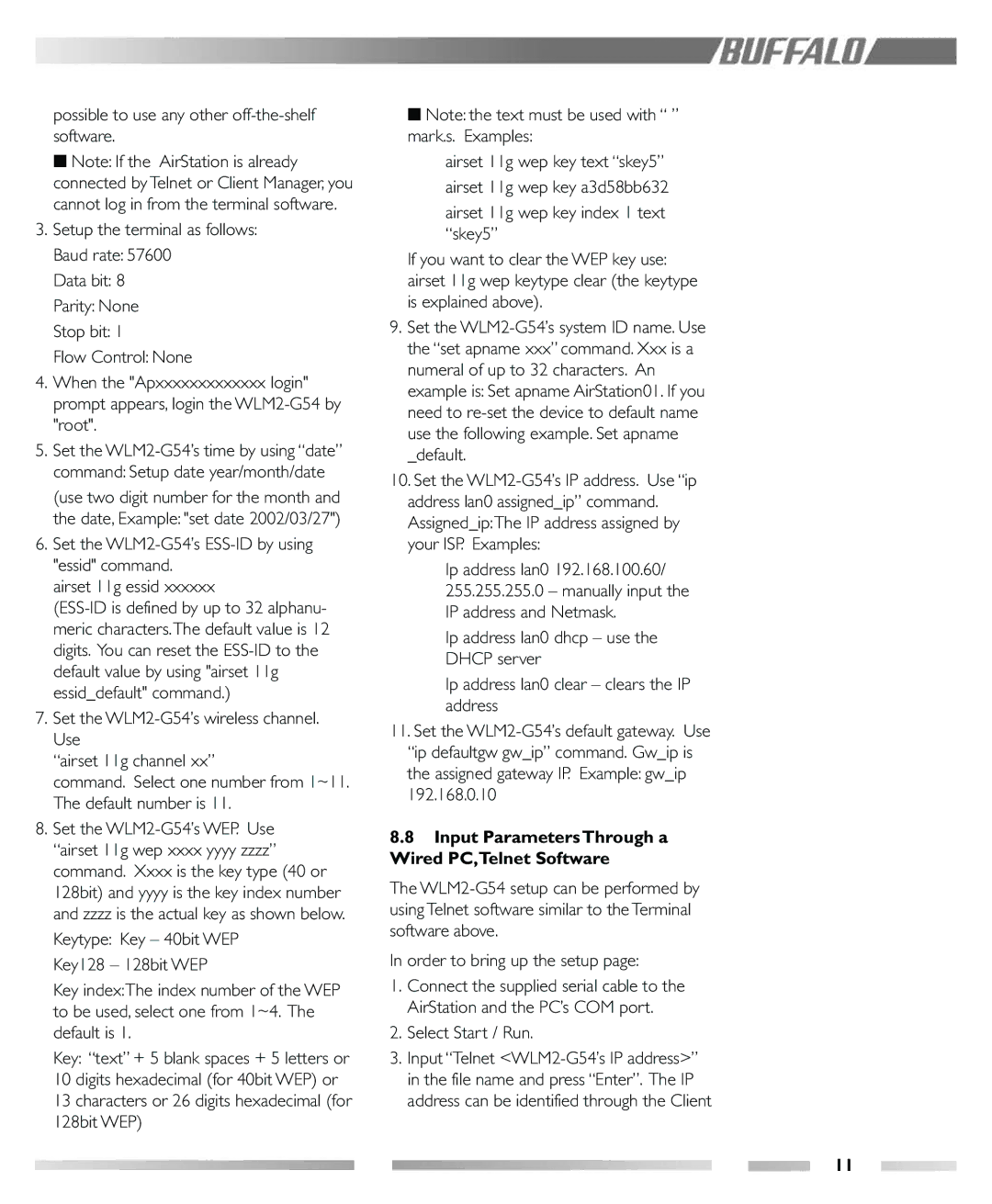 Buffalo Technology WLM2-G54 manual Input Parameters Through a Wired PC,Telnet Software, Select Start / Run 