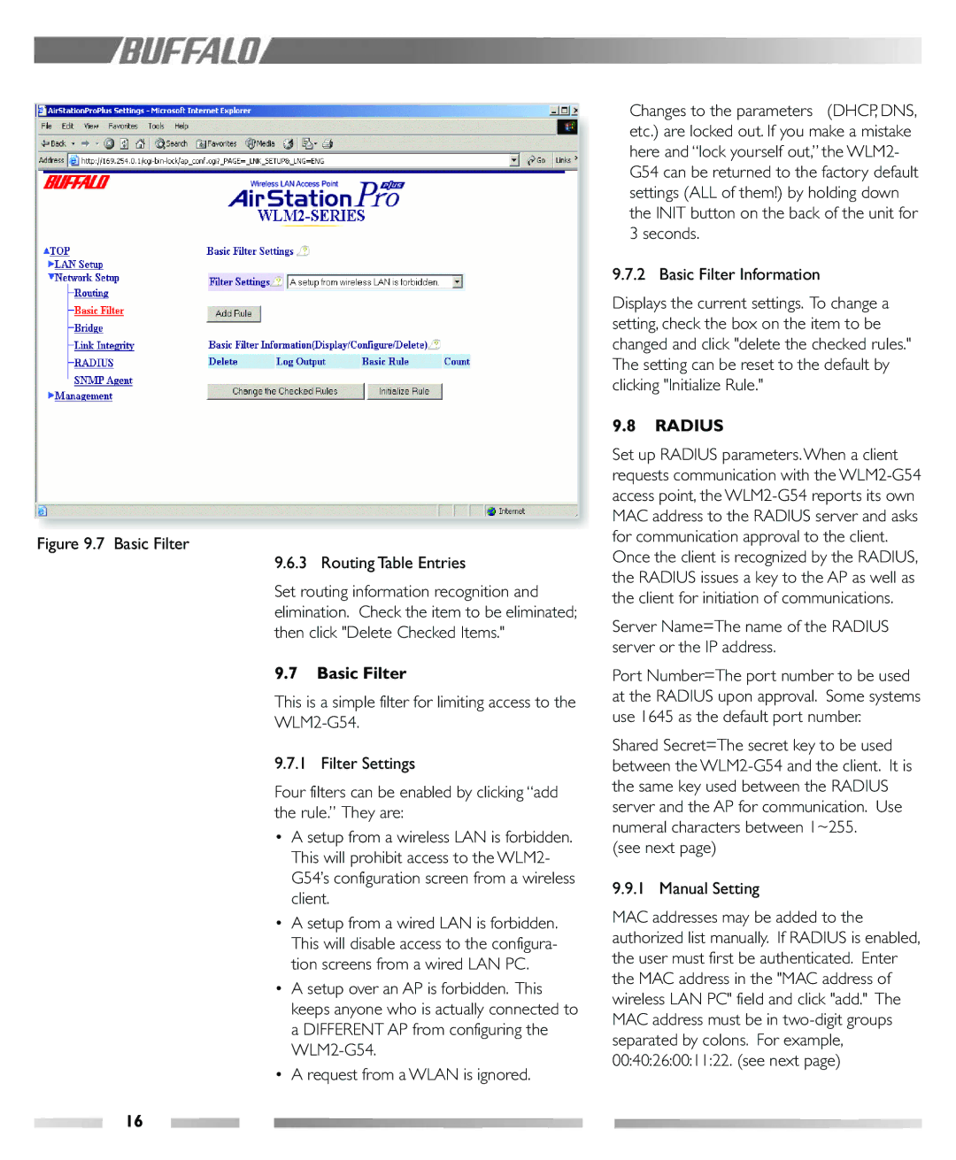 Buffalo Technology WLM2-G54 Basic Filter Information, Server Name=The name of the Radius server or the IP address 