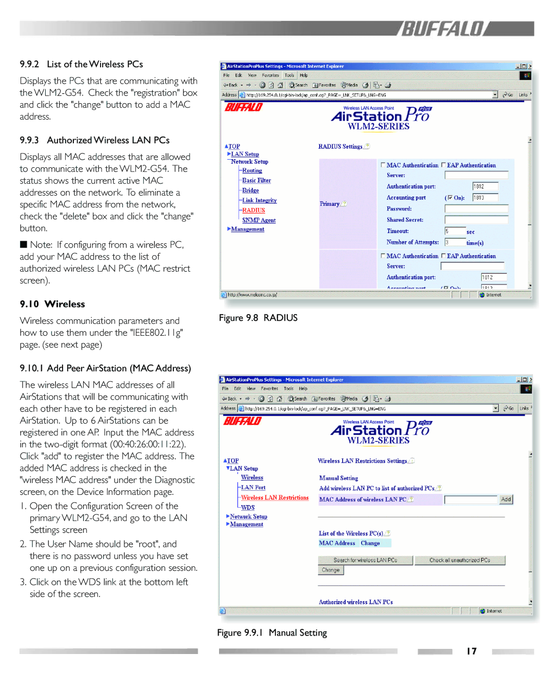 Buffalo Technology WLM2-G54 manual List of the Wireless PCs, Authorized Wireless LAN PCs, Add Peer AirStation MAC Address 