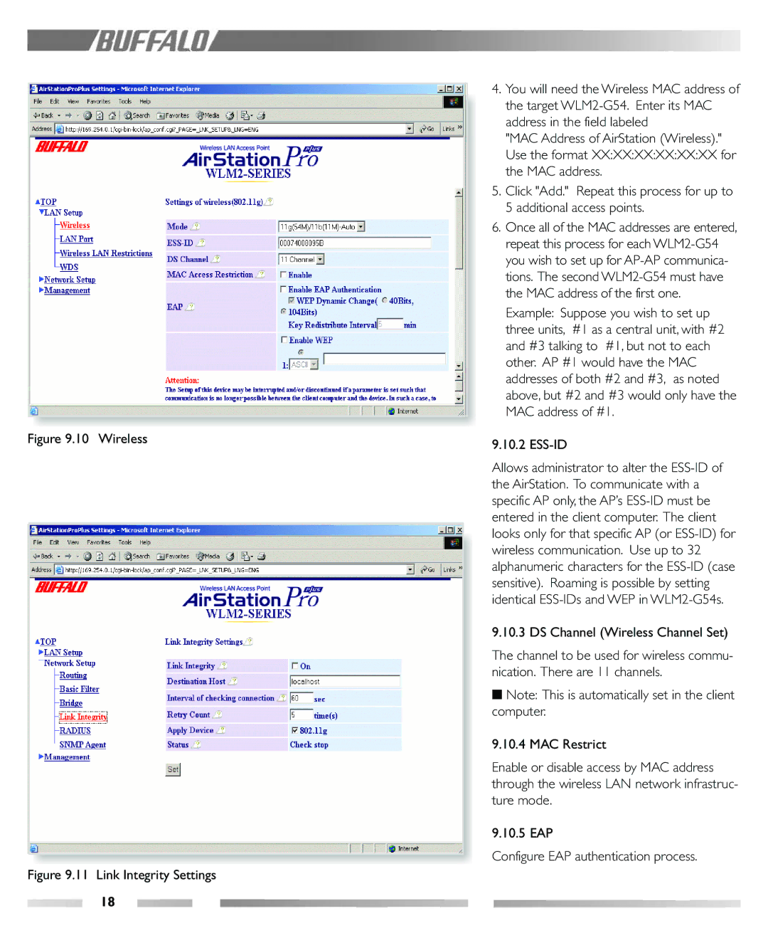 Buffalo Technology WLM2-G54 manual Wireless, Link Integrity Settings 