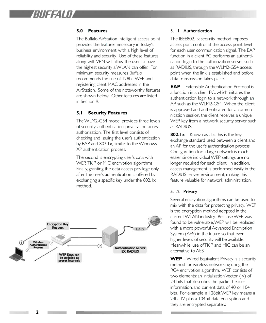 Buffalo Technology WLM2-G54 manual Security Features, Authentication, Privacy 