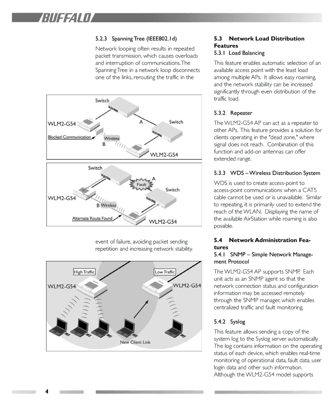 Buffalo Technology WLM2-G54 manual Network Load Distribution Features, Network Administration Fea Tures 
