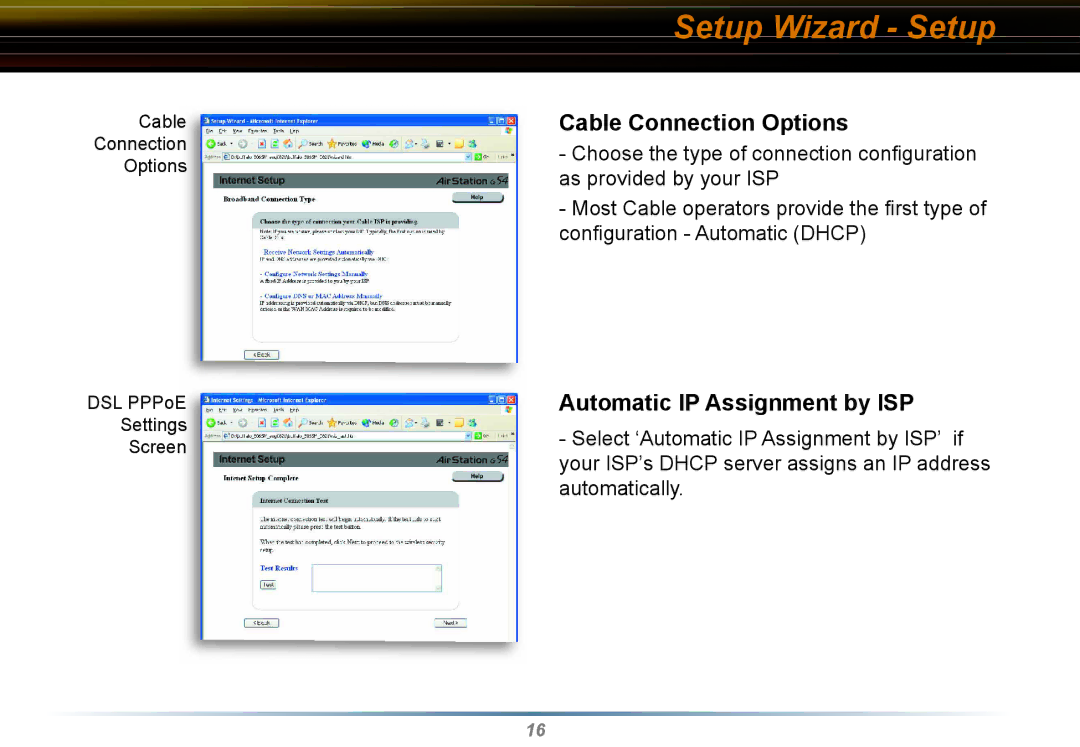 Buffalo Technology WYR-G54 manual Setup Wizard Setup, Cable Connection Options, Automatic IP Assignment by ISP 