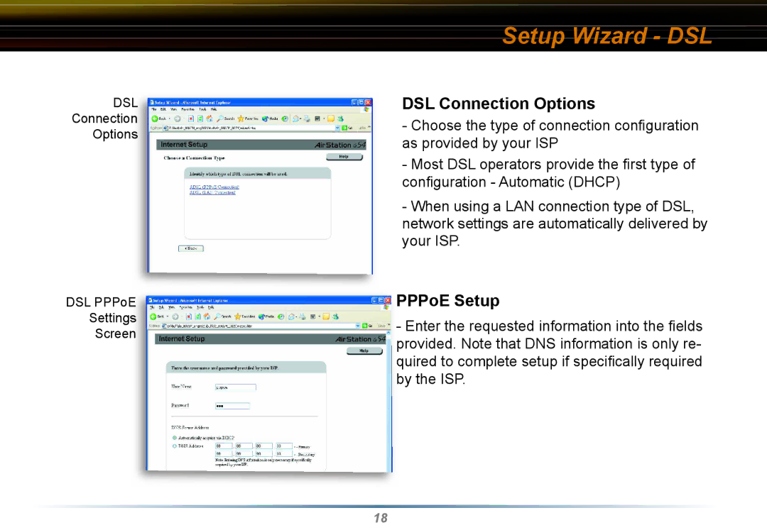 Buffalo Technology WYR-G54 manual Setup Wizard DSL, DSL Connection Options, PPoE Setup 