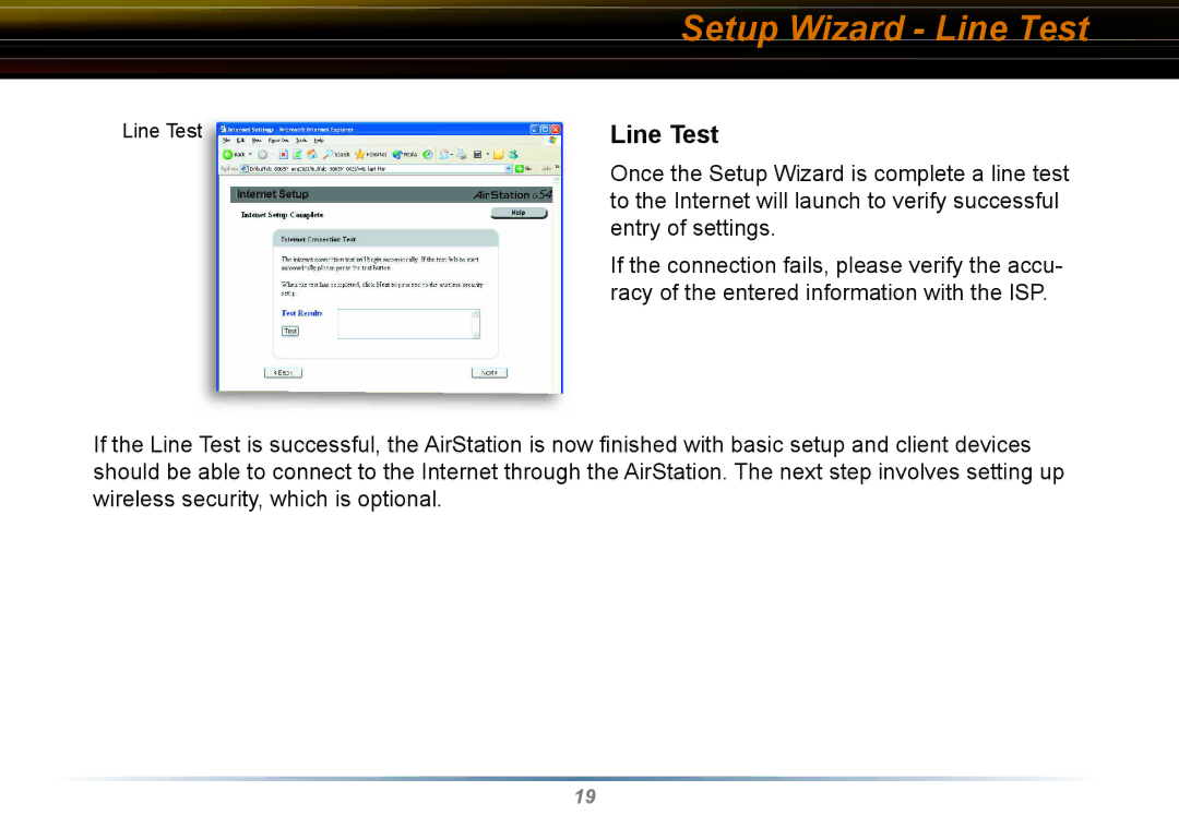 Buffalo Technology WYR-G54 manual Setup Wizard Line Test 