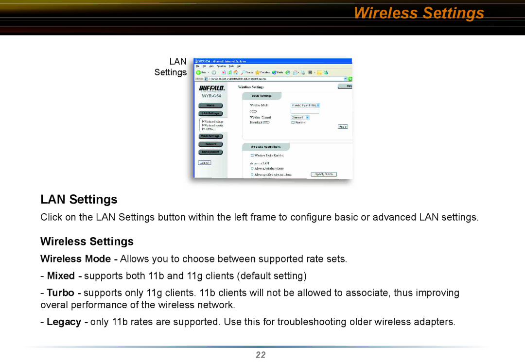 Buffalo Technology WYR-G54 manual LAN Settings, Wireless Settings 