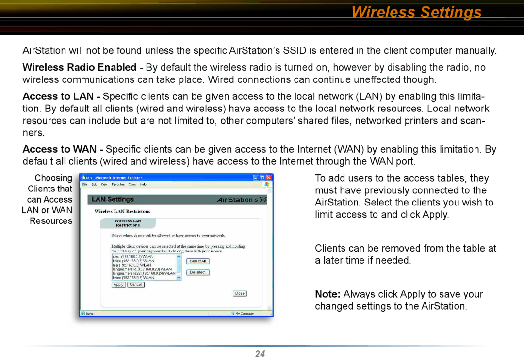 Buffalo Technology WYR-G54 manual Choosing Clients that can Access LAN or WAN Resources 