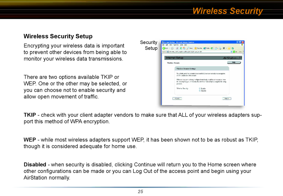 Buffalo Technology WYR-G54 manual Wireless Security Setup 