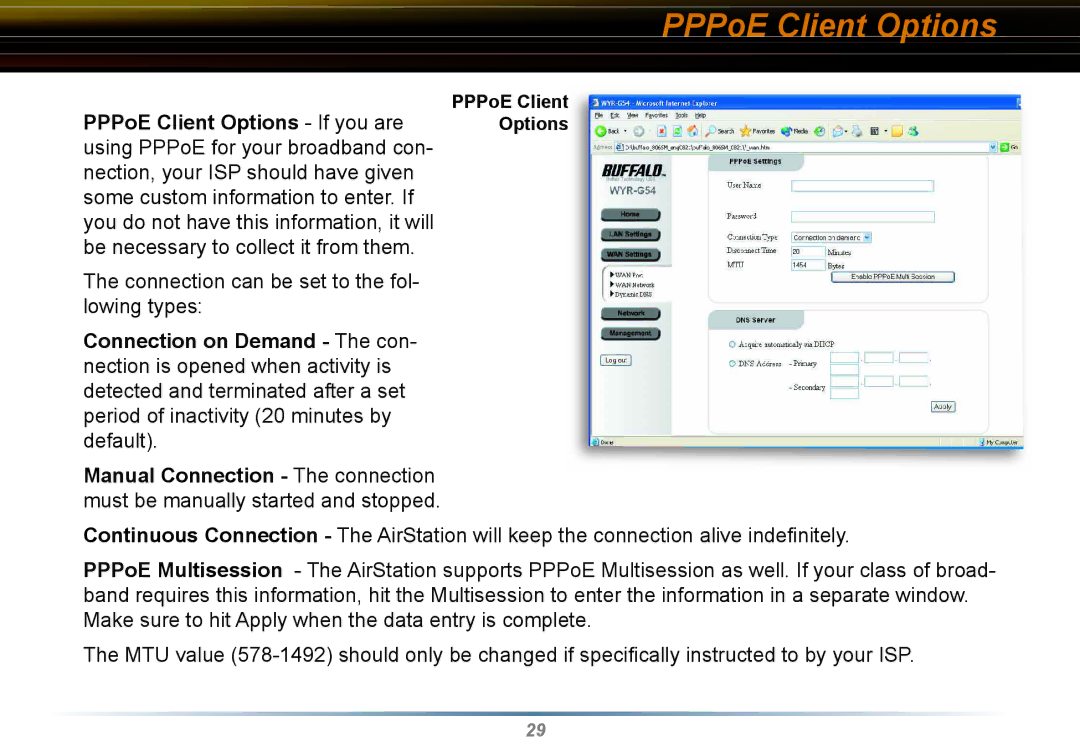 Buffalo Technology WYR-G54 manual PPPoE Client Options 