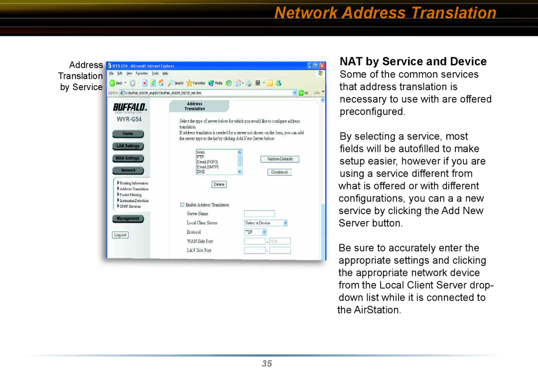 Buffalo Technology WYR-G54 manual Network Address Translation, NAT by Service and Device 