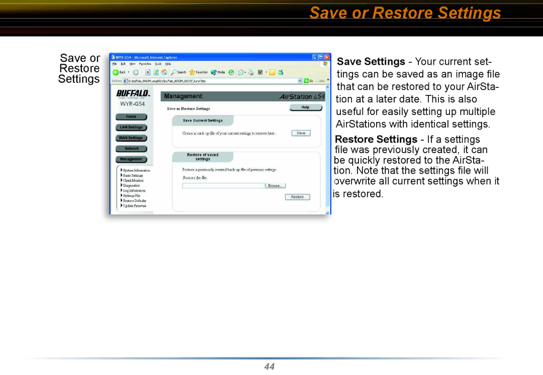 Buffalo Technology WYR-G54 manual Save or Restore Settings 