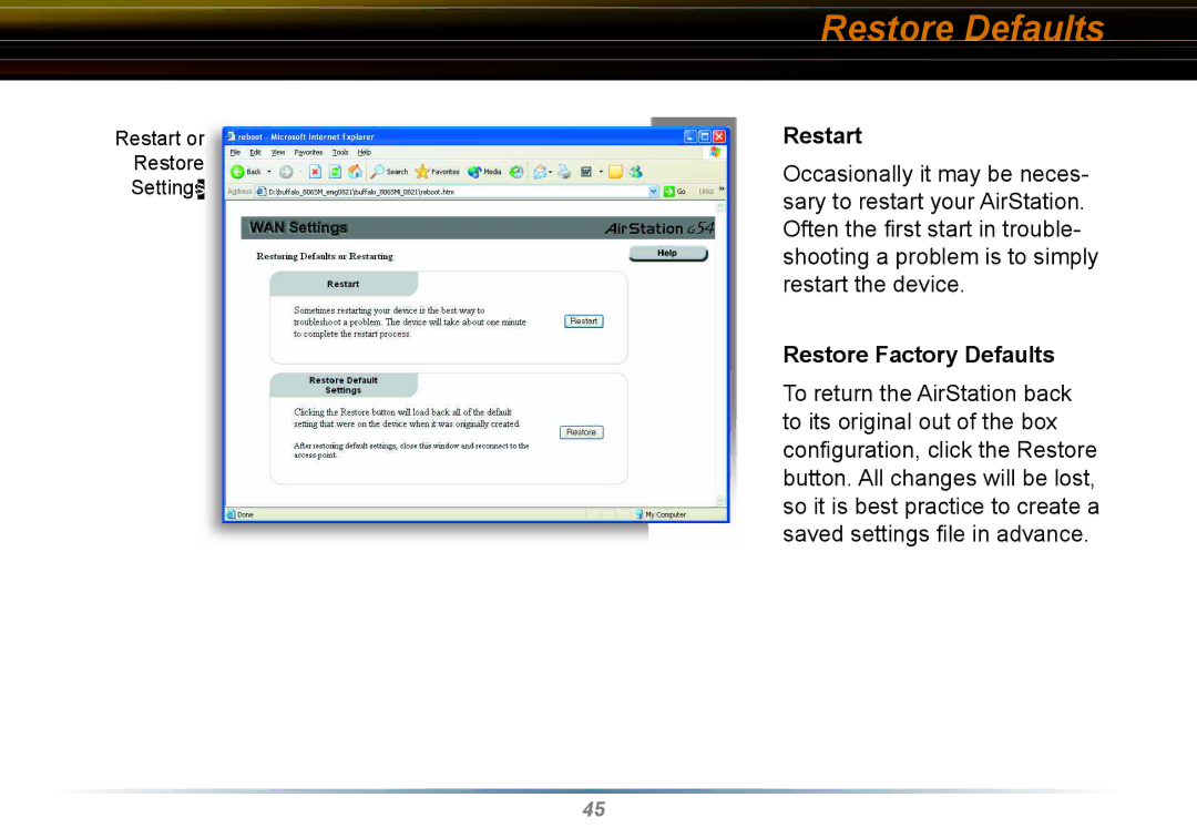 Buffalo Technology WYR-G54 manual Restore Defaults, Restart, Restore Factory Defaults 
