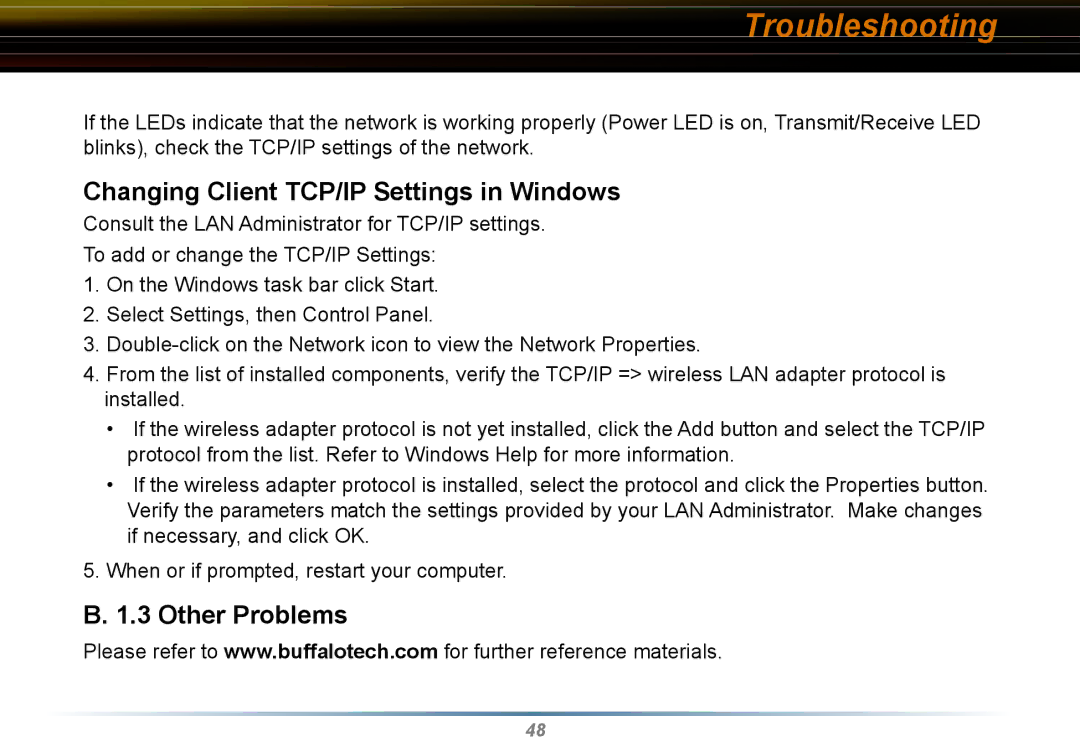 Buffalo Technology WYR-G54 manual Changing Client TCP/IP Settings in Windows, Other Problems 