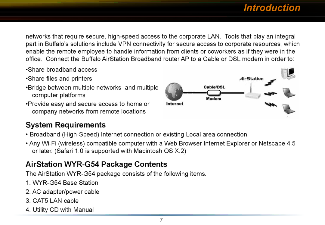 Buffalo Technology manual System Requirements, AirStation WYR-G54 Package Contents 