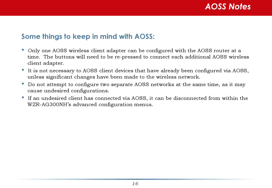 Buffalo Technology WZR-AG300NH manual Aoss Notes, Some things to keep in mind with Aoss 