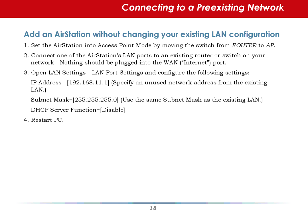 Buffalo Technology WZR-AG300NH manual Connecting to a Preexisting Network 