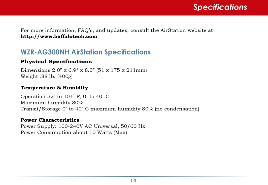 Buffalo Technology manual WZR-AG300NH AirStation Specifications 