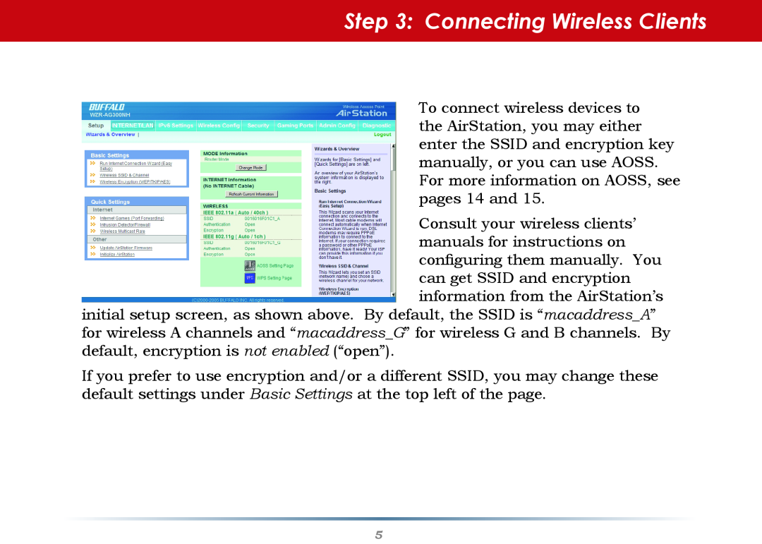Buffalo Technology WZR-AG300NH setup guide Connecting Wireless Clients 