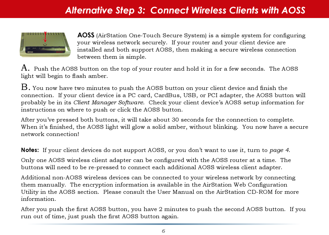 Buffalo Technology WZR-AG300NH setup guide Alternative Connect Wireless Clients with AOSS 