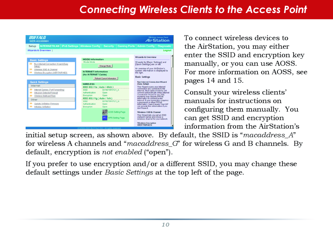 Buffalo Technology WZR-AG300NH manual Connecting Wireless Clients to the Access Point 