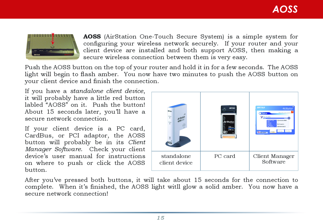 Buffalo Technology WZR-AG300NH manual Aoss, standalone, client device, PC card, Client Manager Software 
