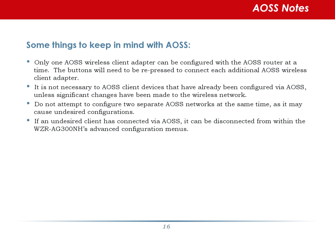 Buffalo Technology WZR-AG300NH manual AOSS Notes, Some things to keep in mind with AOSS 
