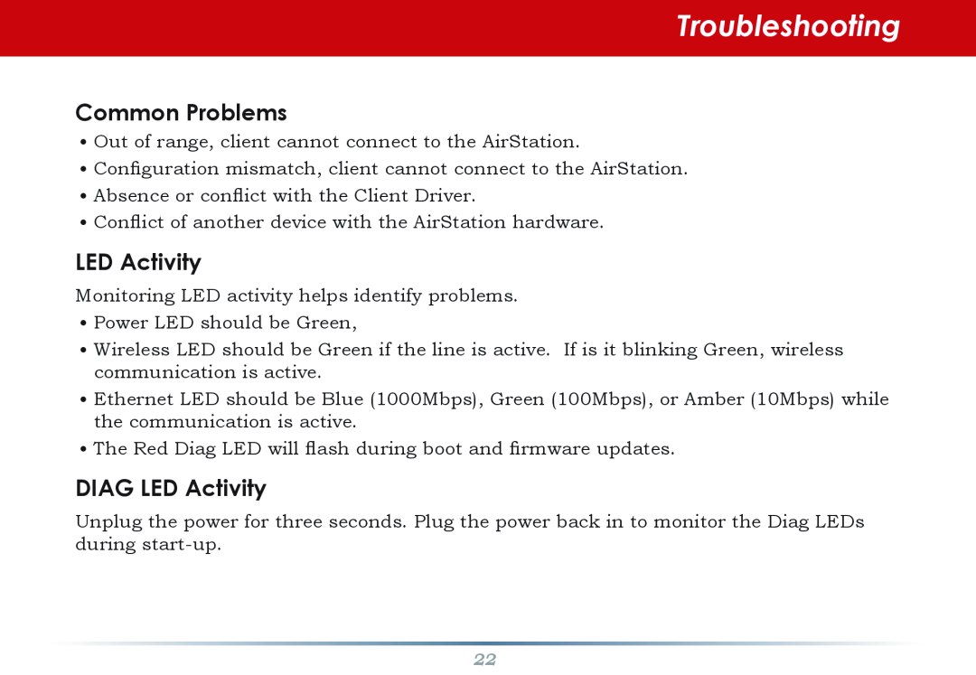 Buffalo Technology WZR-AG300NH manual Troubleshooting, Common Problems, DIAG LED Activity 