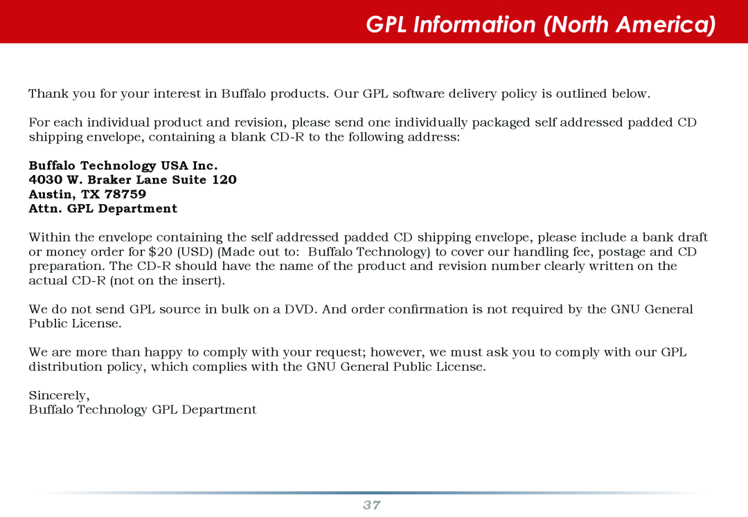 Buffalo Technology WZR-AG300NH manual GPL Information North America, Attn. GPL Department 