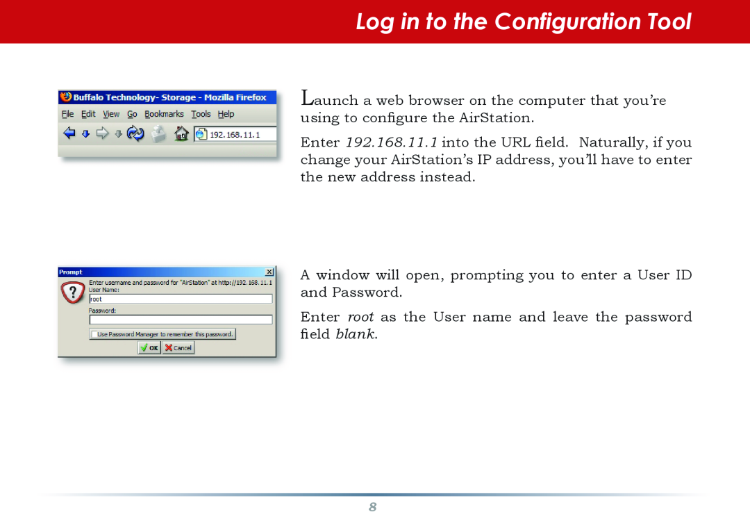 Buffalo Technology WZR-AG300NH manual Log in to the Configuration Tool 