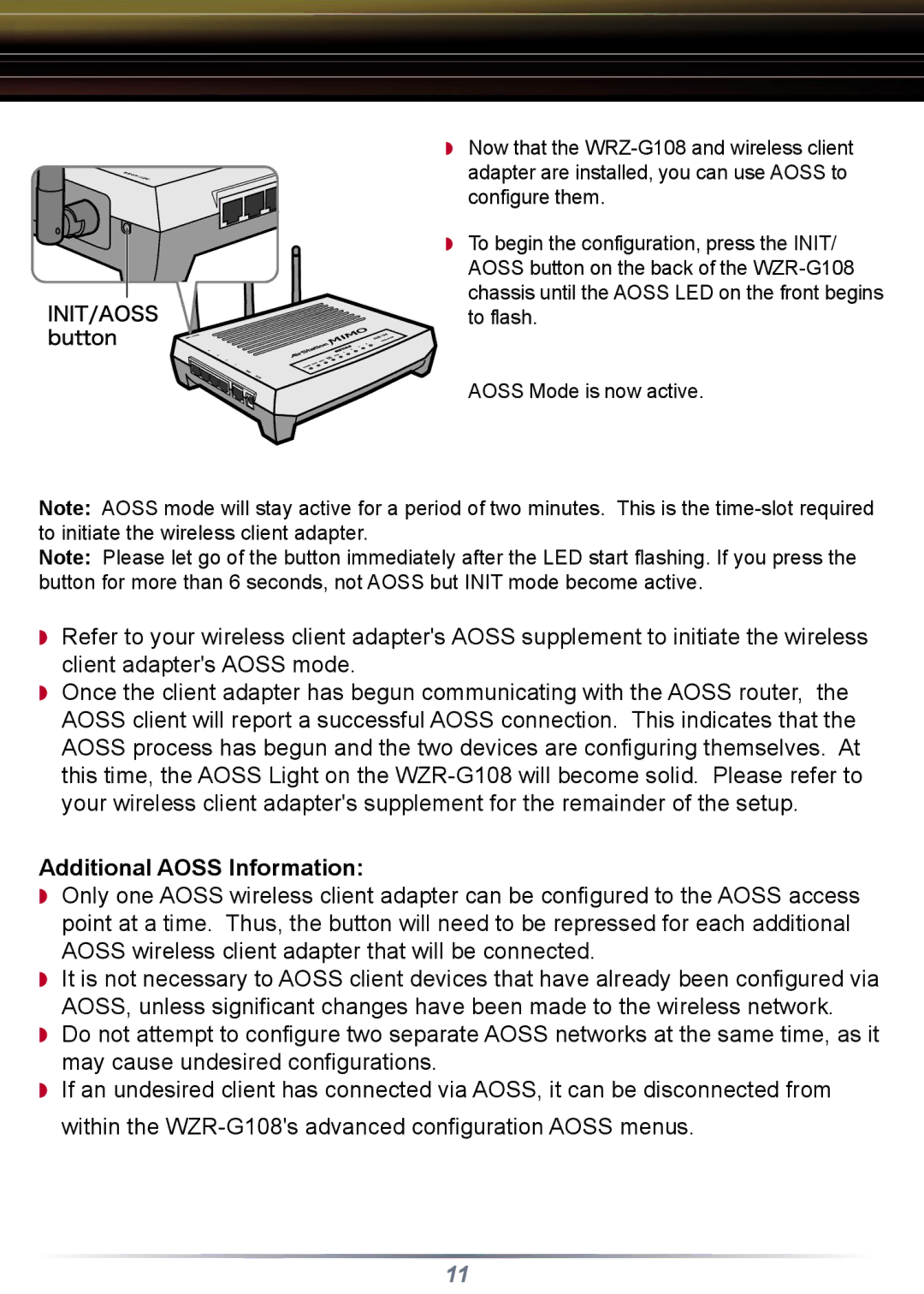 Buffalo Technology WZR-G108 setup guide Additional Aoss Information 