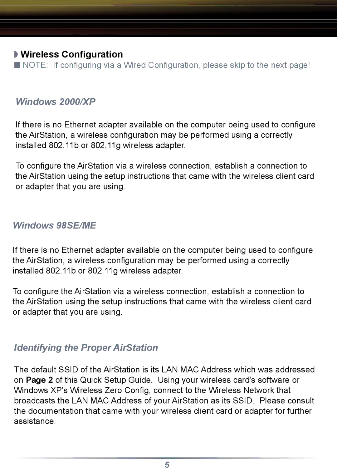 Buffalo Technology WZR-G108 setup guide Windows 2000/XP, Windows 98SE/ME, Identifying the Proper AirStation 