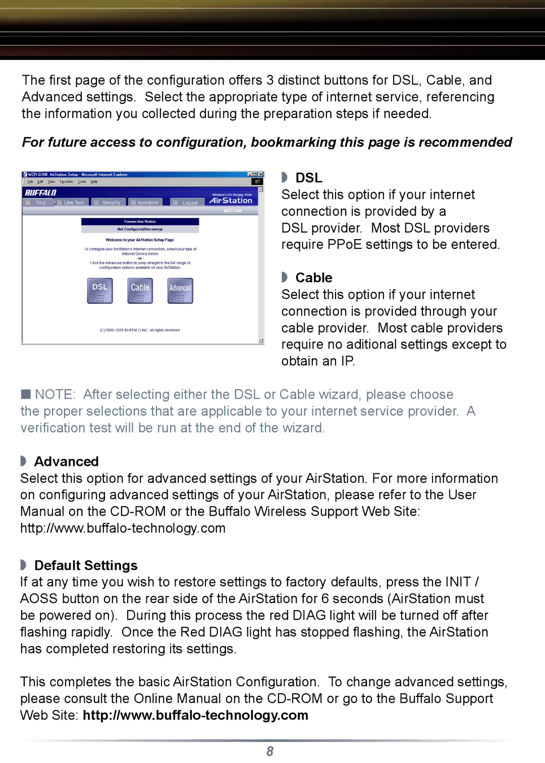 Buffalo Technology WZR-G108 setup guide Cable, Advanced Default Settings 