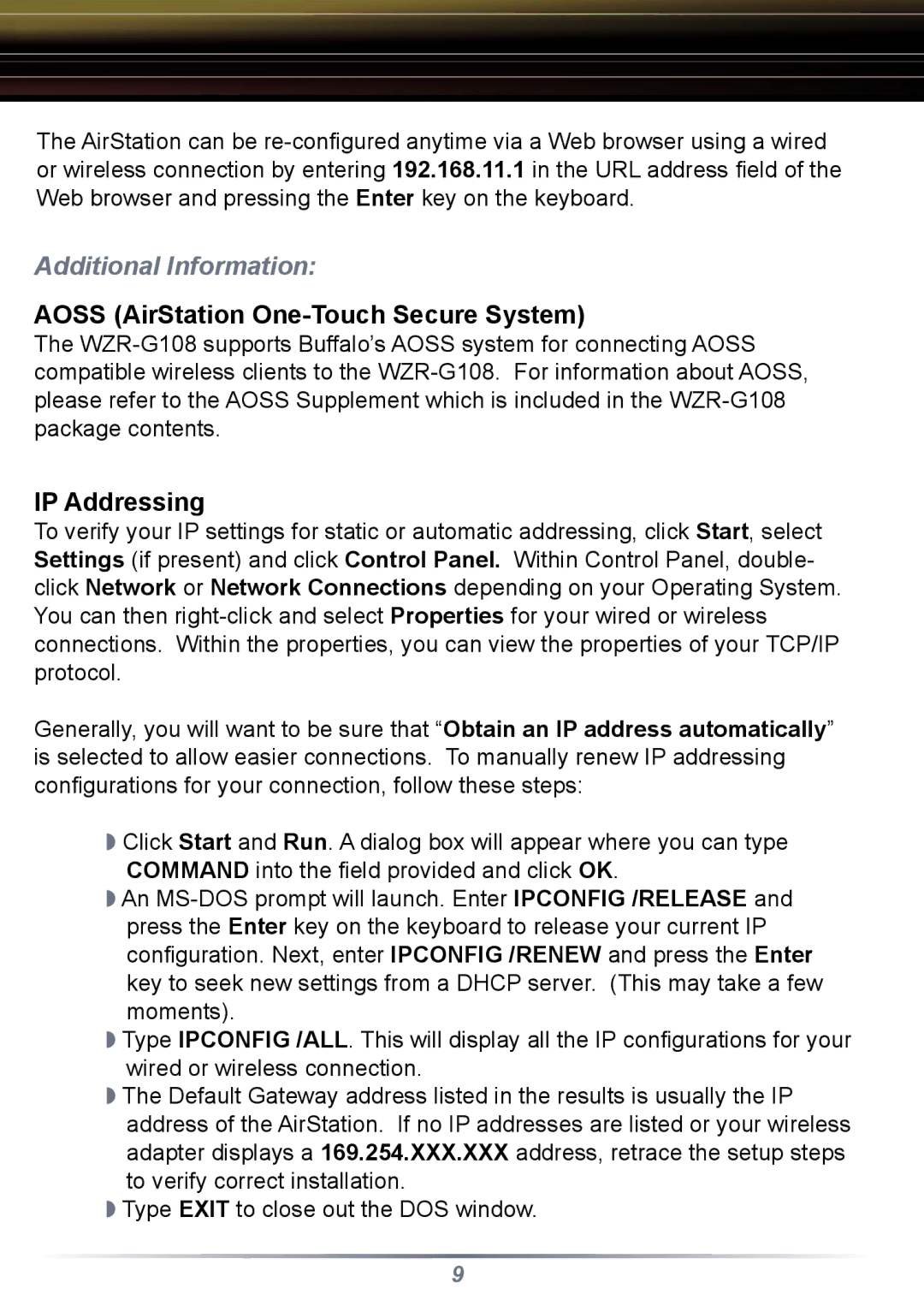 Buffalo Technology WZR-G108 setup guide Additional Information, Aoss AirStation One-Touch Secure System 