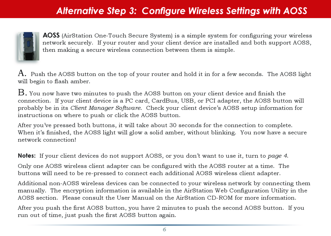 Buffalo Technology WZR-G300N setup guide Alternative Configure Wireless Settings with AOSS 