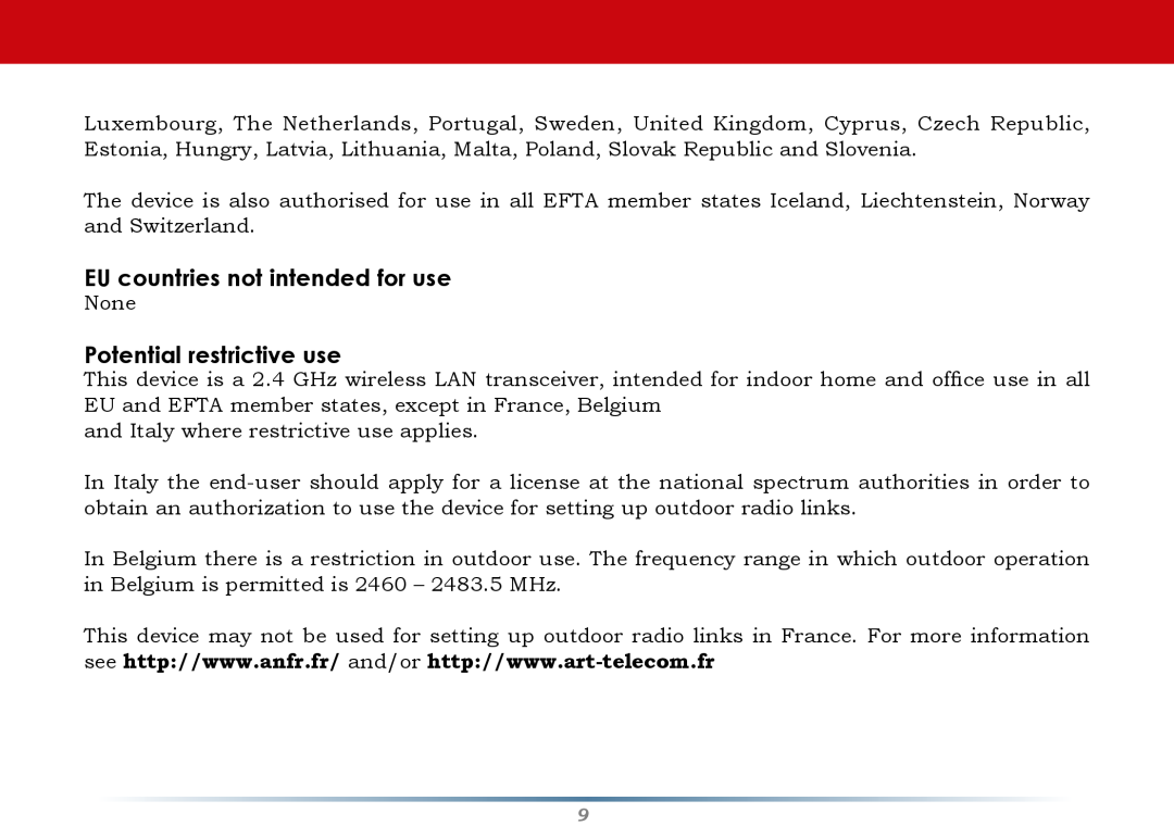 Buffalo Technology WZR-G300N setup guide EU countries not intended for use, Potential restrictive use 