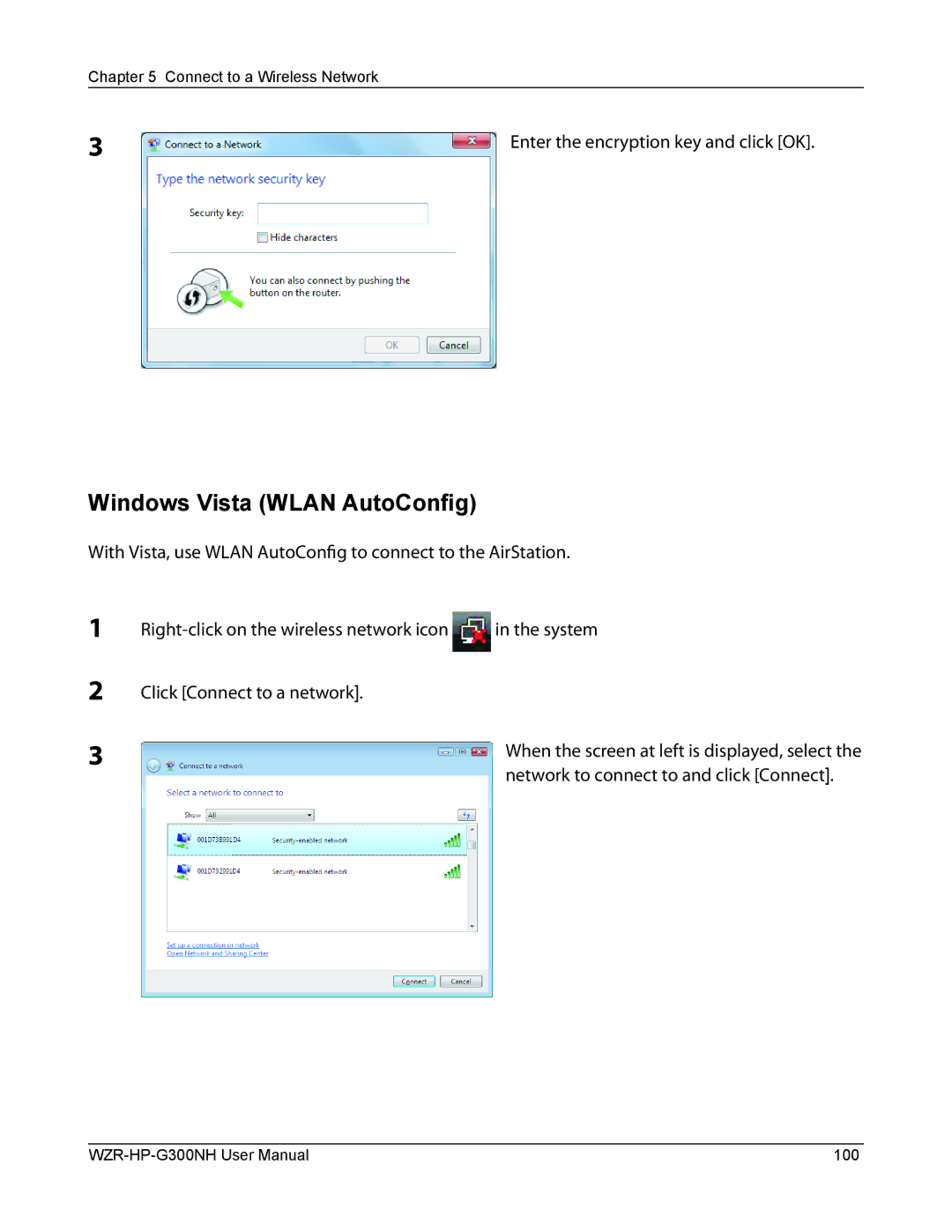 Buffalo Technology WZR-HP-G300NH user manual Windows Vista Wlan AutoConfig, Enter the encryption key and click OK 