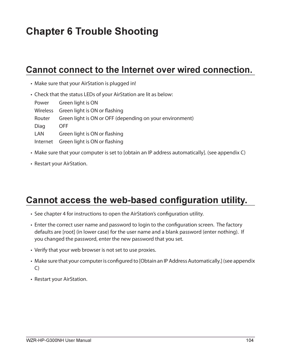 Buffalo Technology WZR-HP-G300NH user manual Trouble Shooting, Cannot connect to the Internet over wired connection 