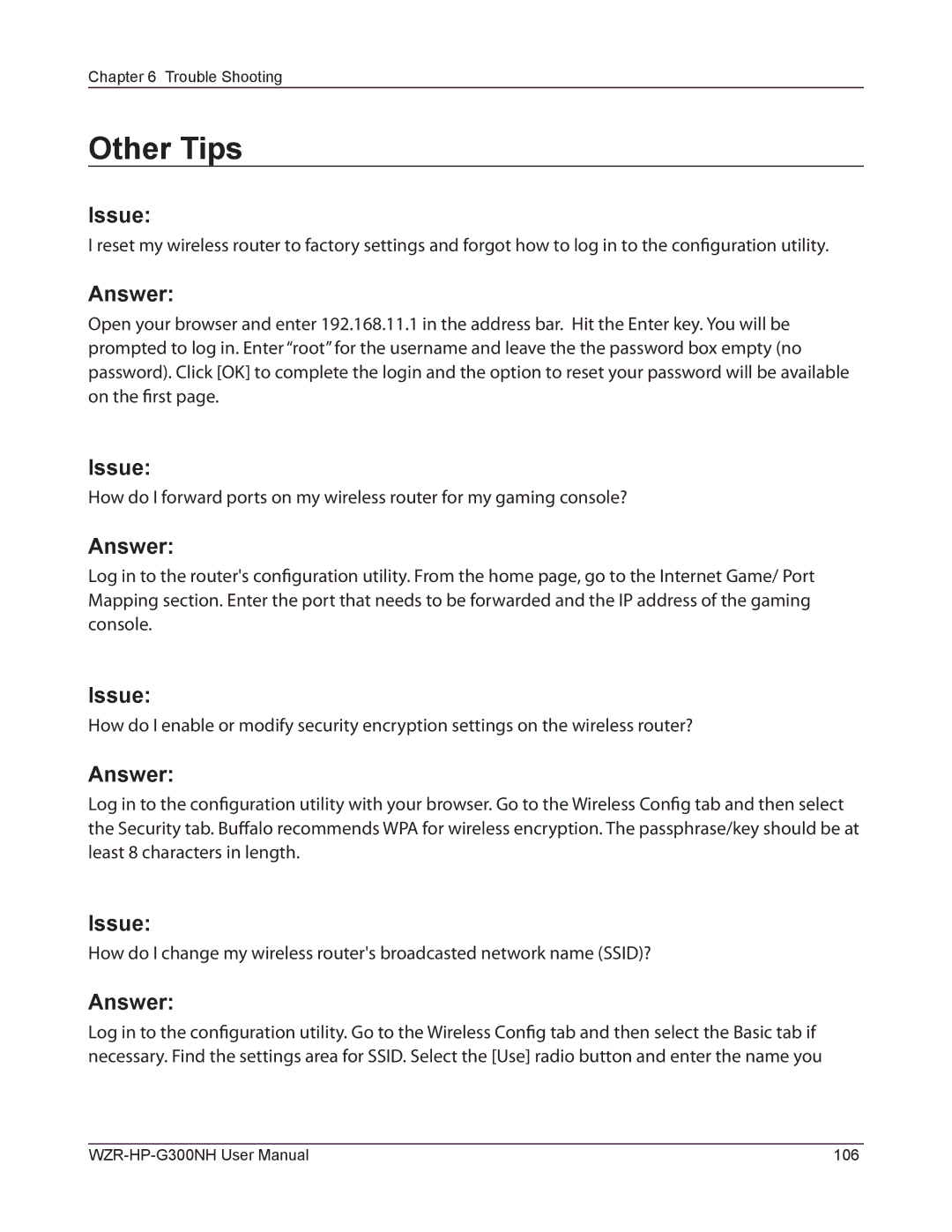 Buffalo Technology WZR-HP-G300NH user manual Other Tips, Issue 