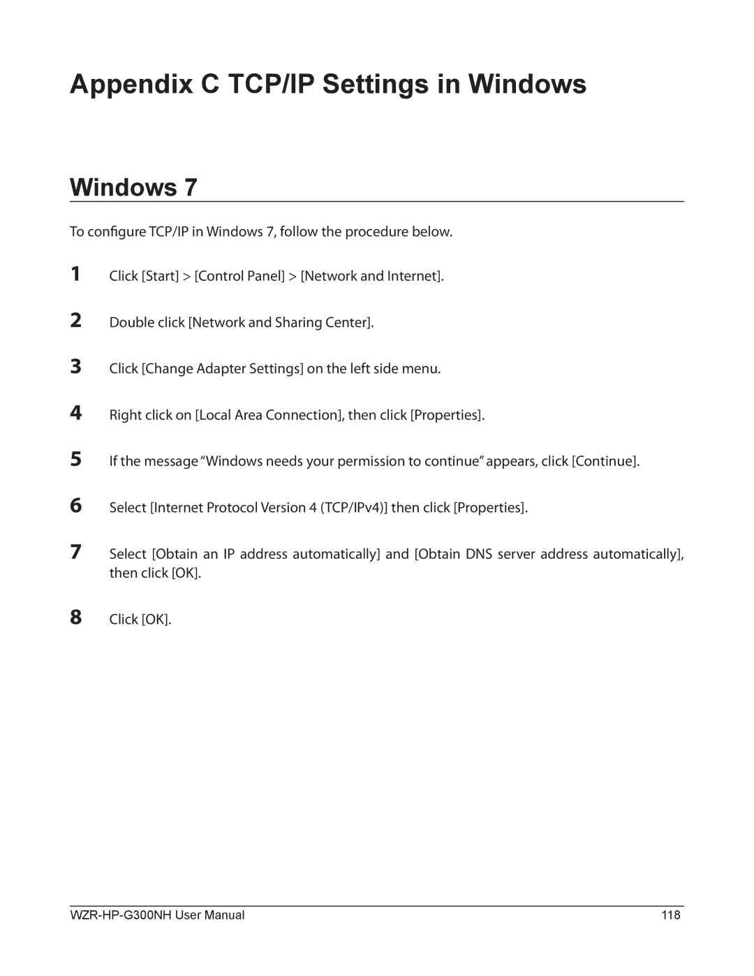 Buffalo Technology WZR-HP-G300NH user manual Appendix C TCP/IP Settings in Windows 