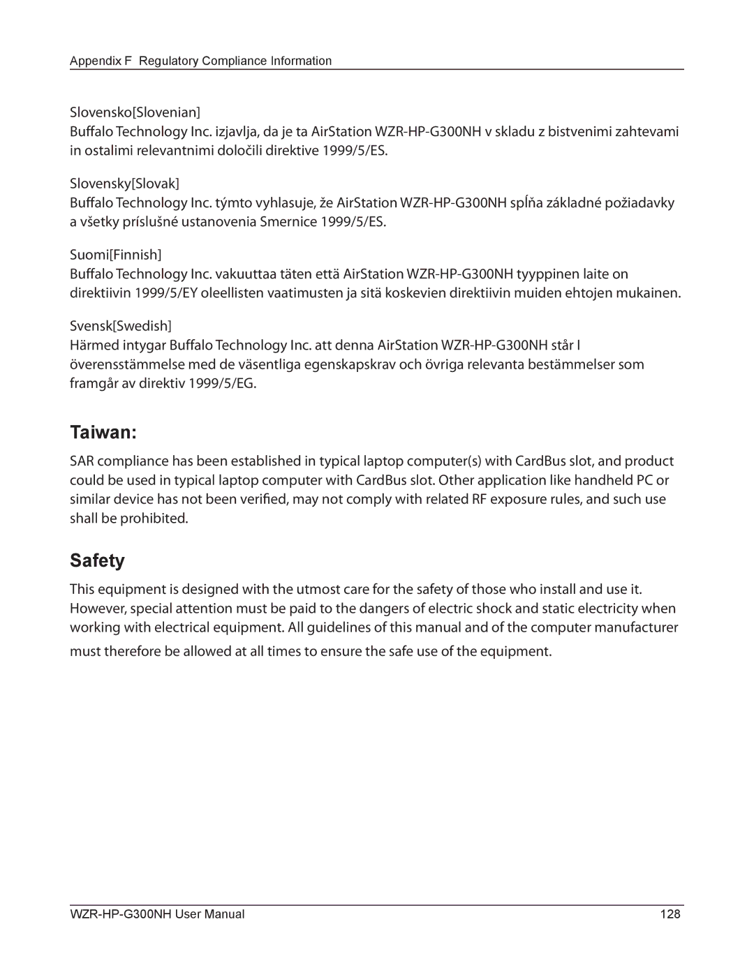 Buffalo Technology WZR-HP-G300NH user manual Taiwan, Safety 