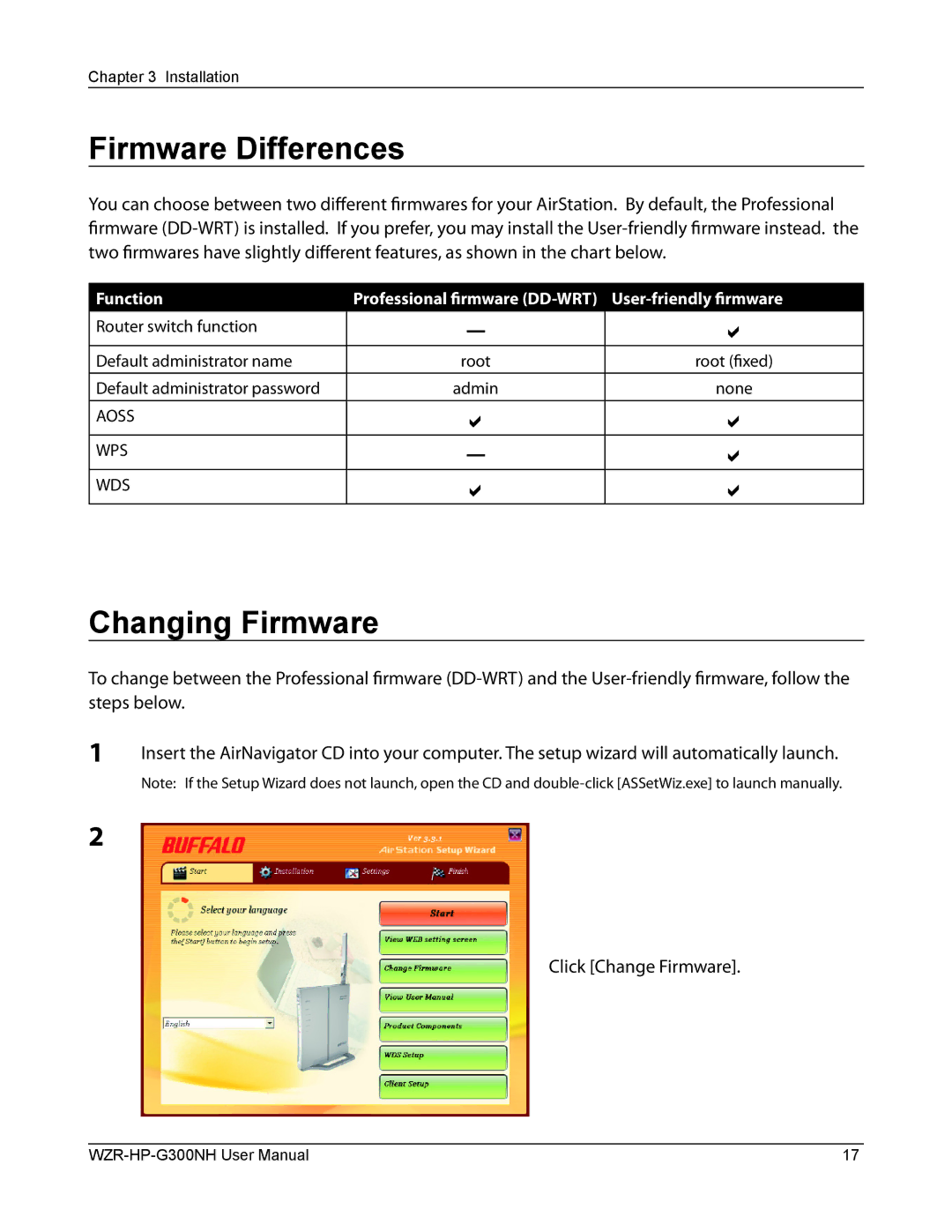 Buffalo Technology WZR-HP-G300NH user manual Firmware Differences, Changing Firmware, Default administrator password, None 