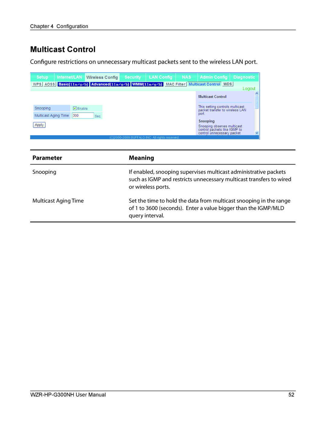 Buffalo Technology WZR-HP-G300NH user manual Multicast Control, Or wireless ports, Multicast Aging Time, Query interval 