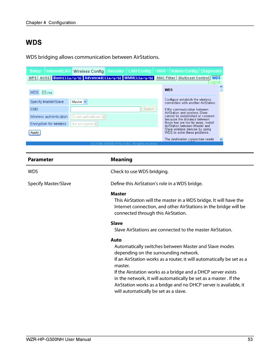 Buffalo Technology WZR-HP-G300NH user manual Check to use WDS bridging, Connected through this AirStation, Master 