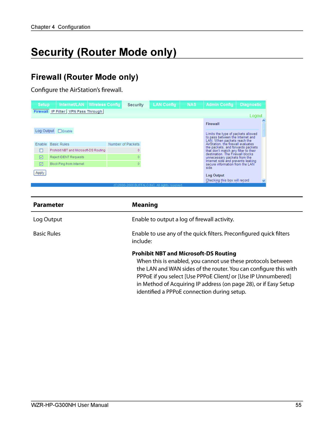 Buffalo Technology WZR-HP-G300NH user manual Security Router Mode only, Firewall Router Mode only 