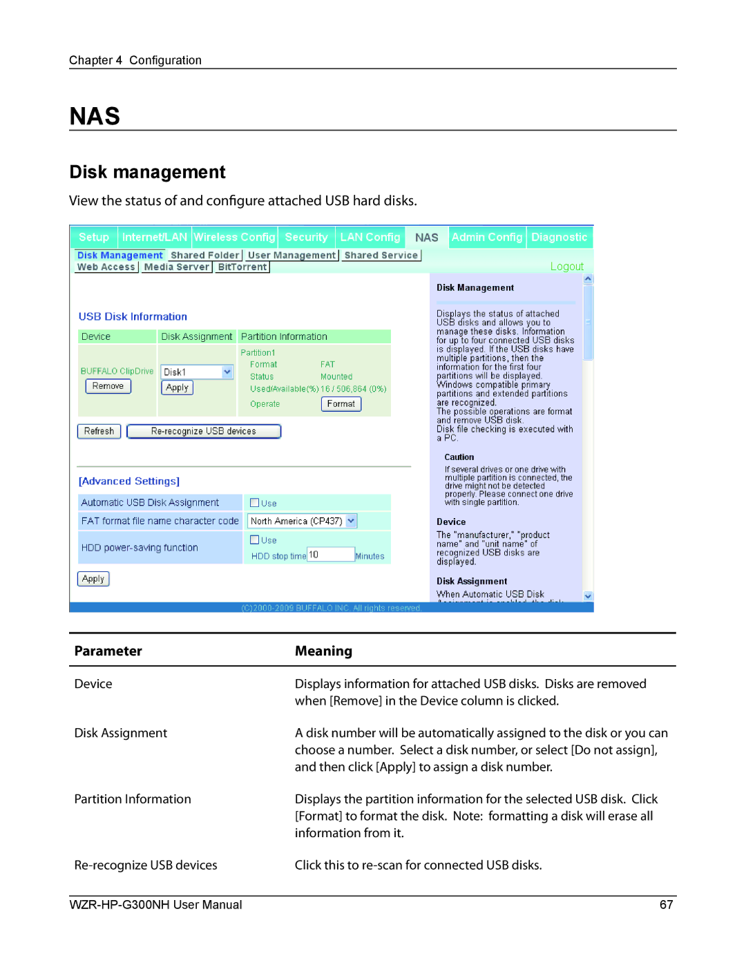 Buffalo Technology WZR-HP-G300NH Disk management, Then click Apply to assign a disk number, Partition Information 