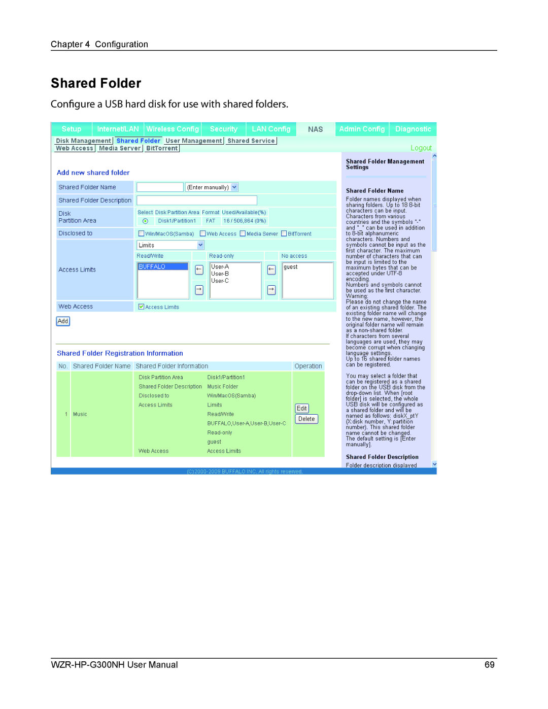 Buffalo Technology WZR-HP-G300NH user manual Shared Folder 