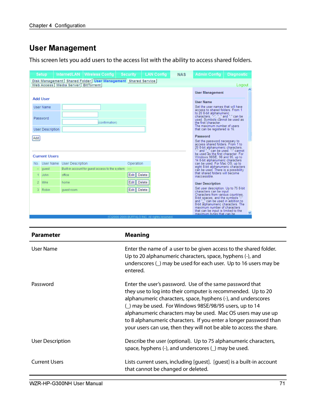 Buffalo Technology WZR-HP-G300NH user manual User Management, Up to 20 alphanumeric characters, space, hyphens, Entered 