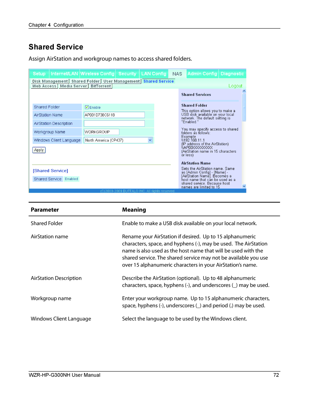 Buffalo Technology WZR-HP-G300NH user manual Shared Service, Name is also used as the host name that will be used with 