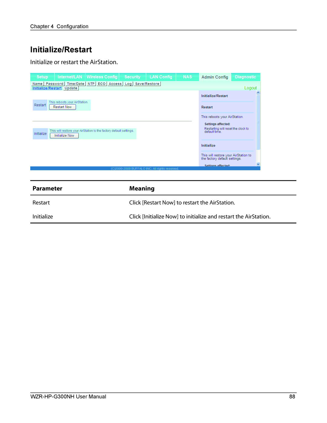 Buffalo Technology WZR-HP-G300NH user manual Initialize/Restart 