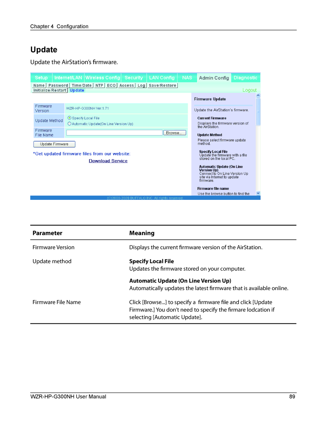 Buffalo Technology WZR-HP-G300NH user manual Updates the firmware stored on your computer 